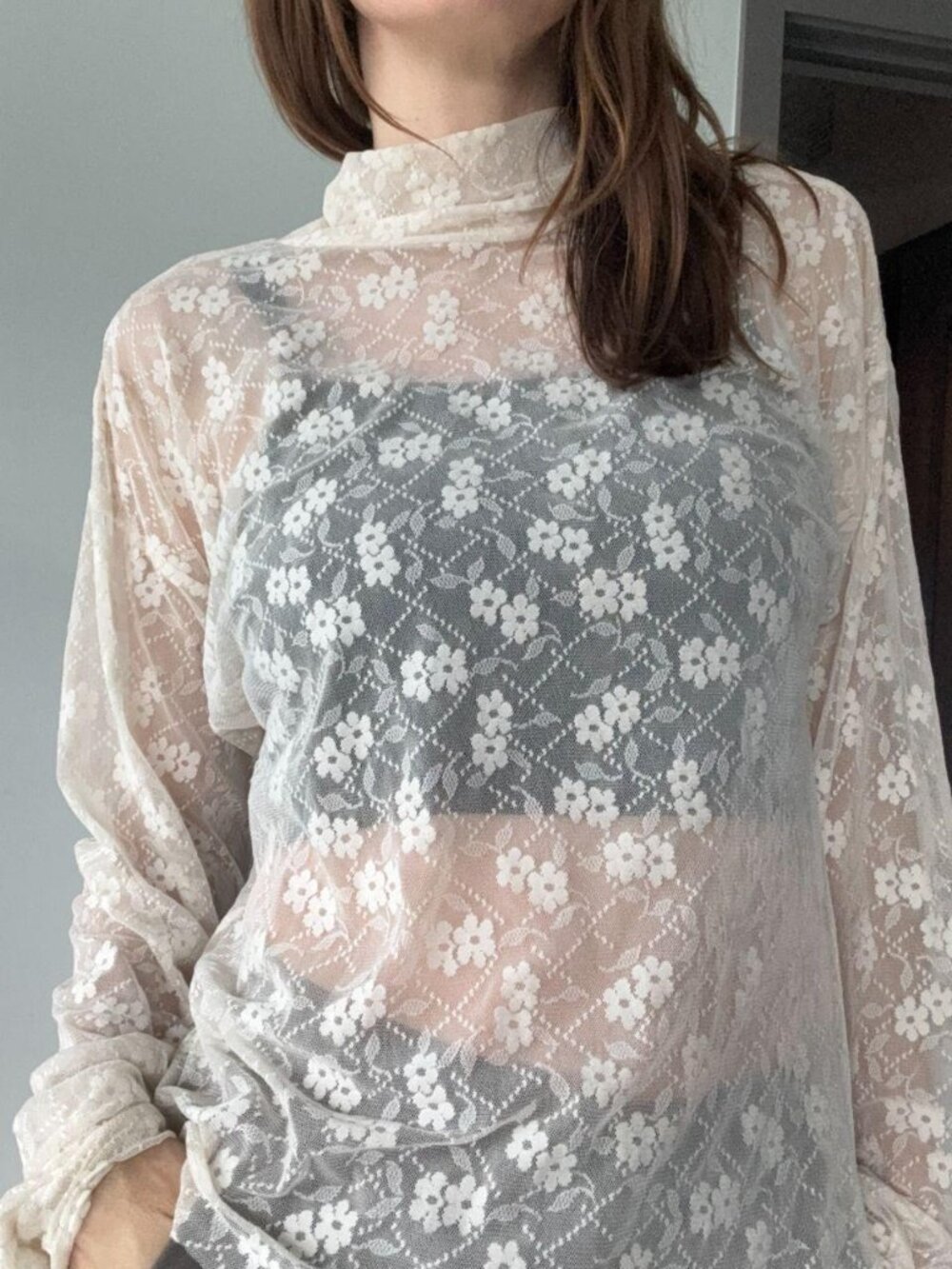 Sheer Floral Lace Turtleneck Top – Long Sleeve